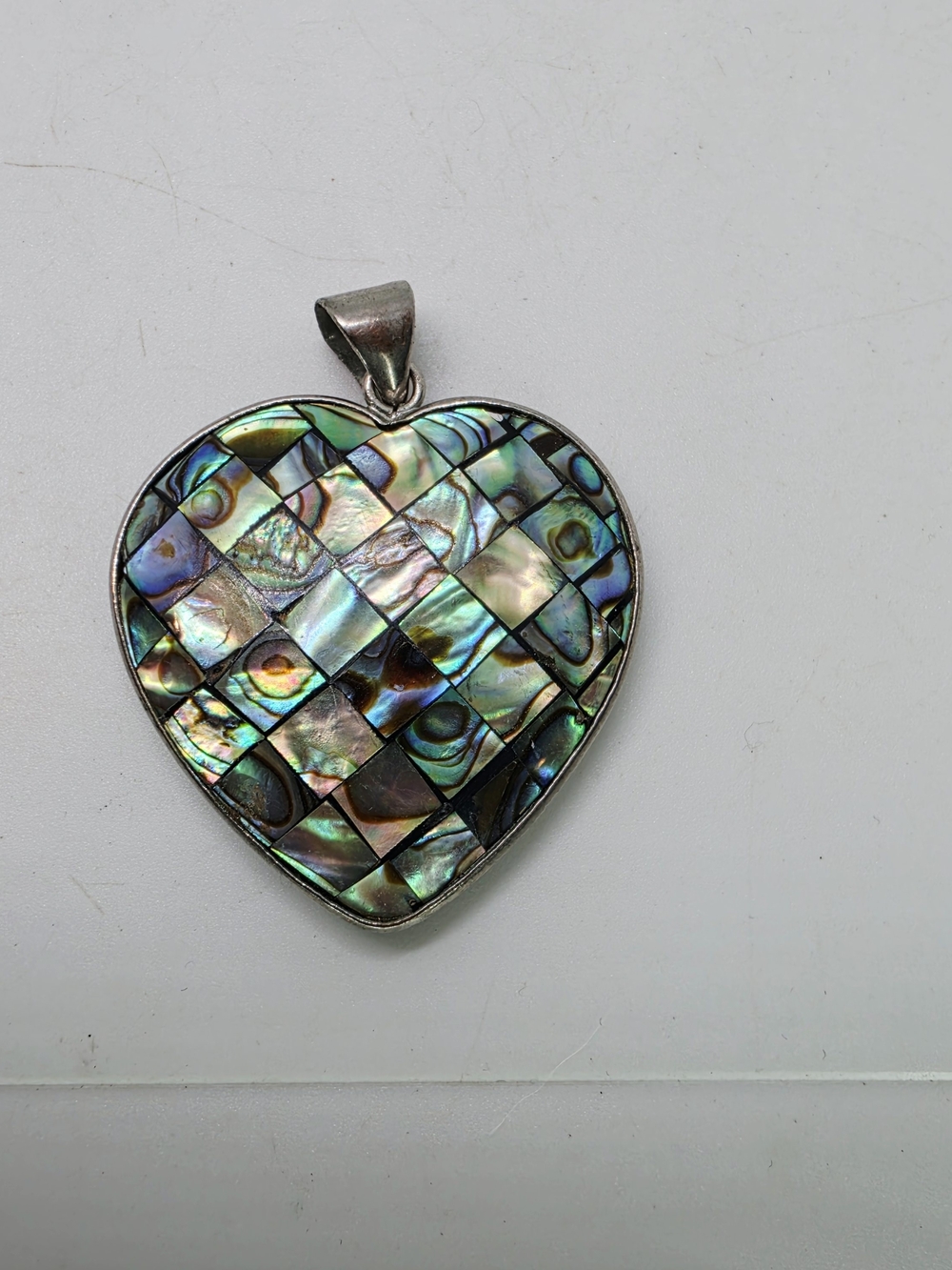 Vintage Puffy Heart Iridescent Abalone Shell Mosaic Pendant For Necklace Boho